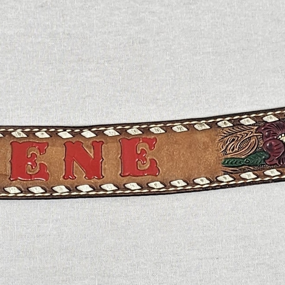 Tony Lama Tooled Leather Belt with Red Lettering and Floral Accents
